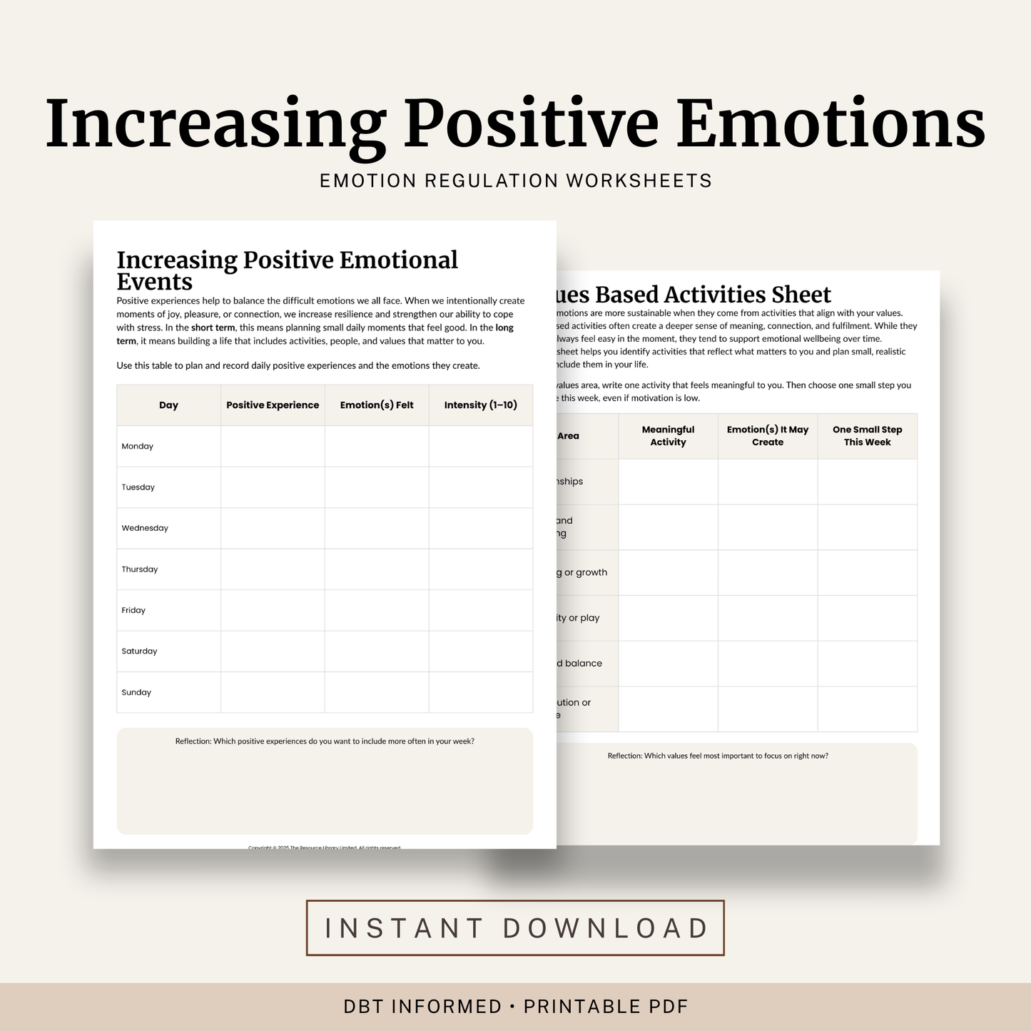Printable Increasing Positive Emotions Worksheets featuring positive activity planning, values based activities, pleasant events brainstorming and emotional wellbeing reflection.
