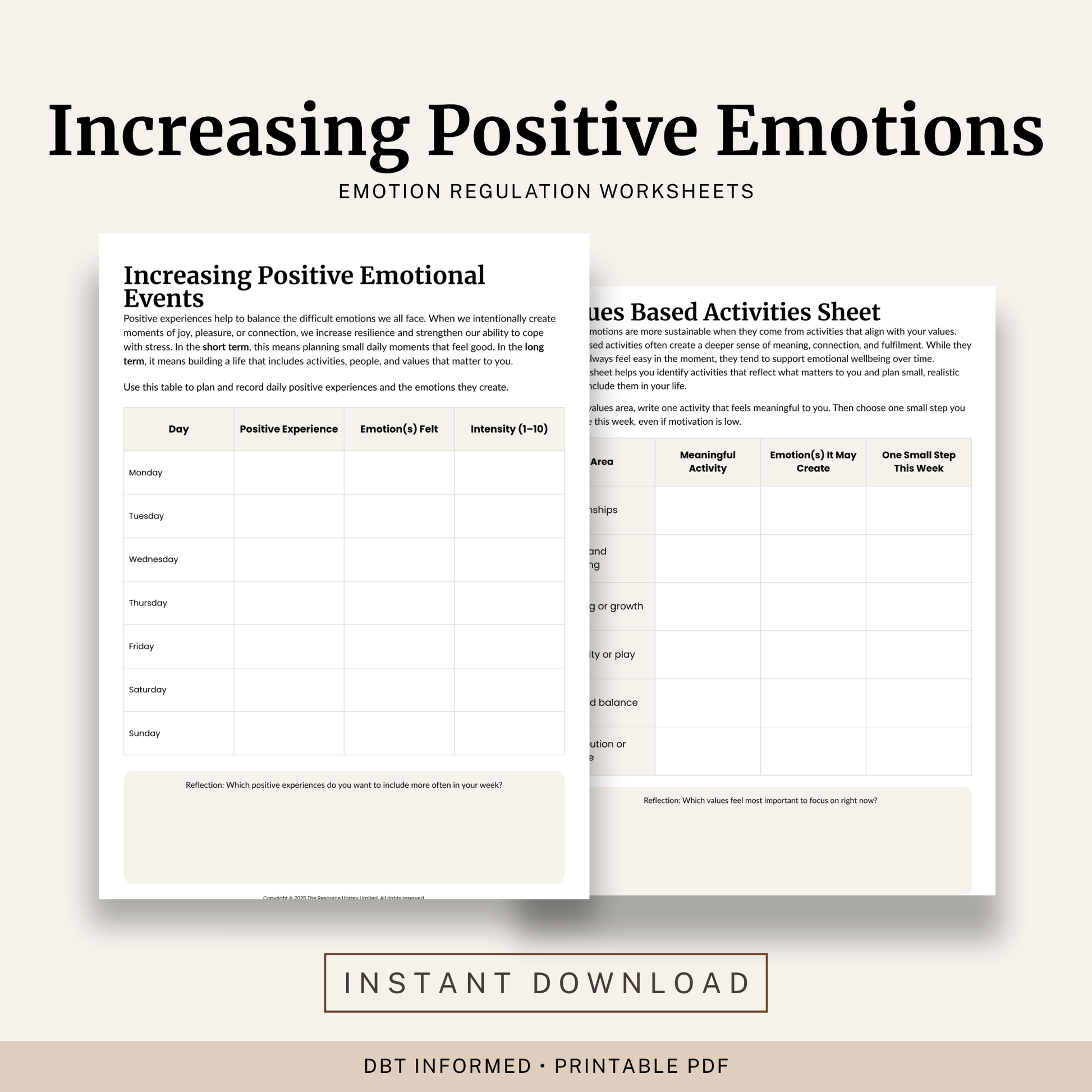 Printable Increasing Positive Emotions Worksheets featuring positive activity planning, values based activities, pleasant events brainstorming and emotional wellbeing reflection.