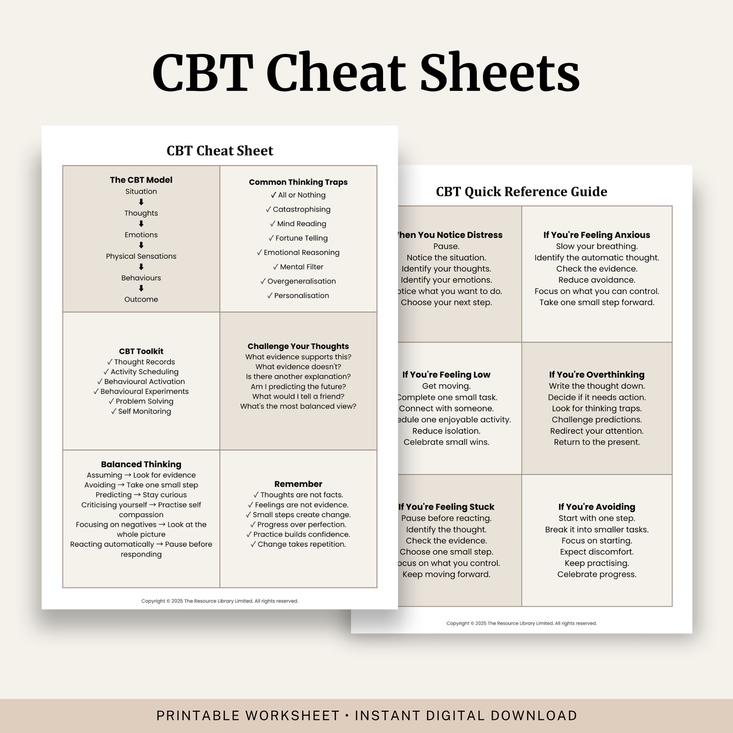 CBT Cheat Sheet printable PDF featuring the CBT model, common thinking traps, CBT techniques and thought challenging questions.