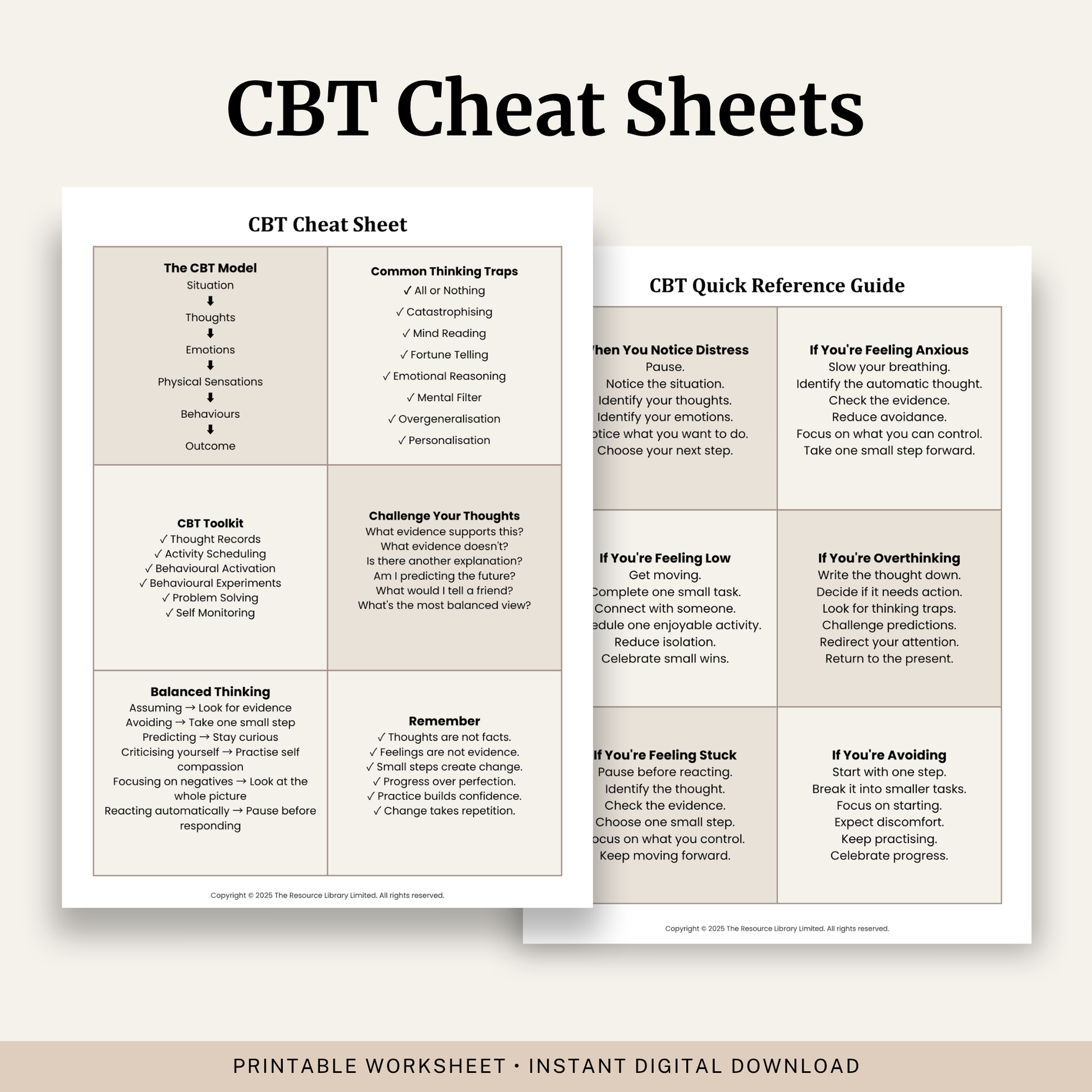 CBT Cheat Sheet printable PDF featuring the CBT model, common thinking traps, CBT techniques and thought challenging questions.