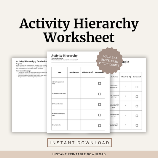 Printable Activity Hierarchy Worksheet featuring a gradual activation ladder, behavioural activation planning worksheet and completed example for breaking tasks into manageable steps.