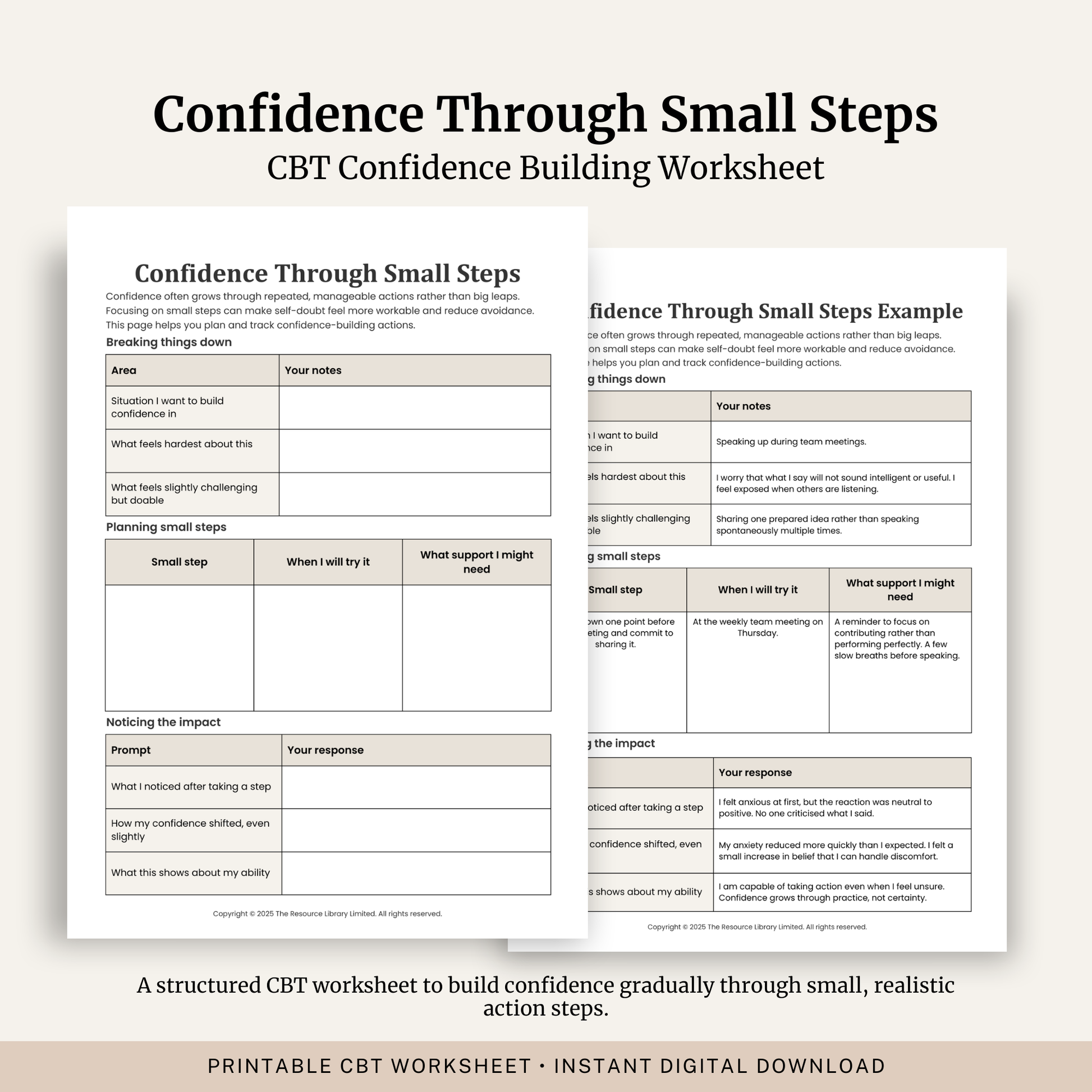 Printable Confidence Through Small Steps Worksheet featuring confidence building, small step planning, gradual exposure, reflection questions and a completed example.