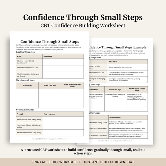 Printable Confidence Through Small Steps Worksheet featuring confidence building, small step planning, gradual exposure, reflection questions and a completed example.