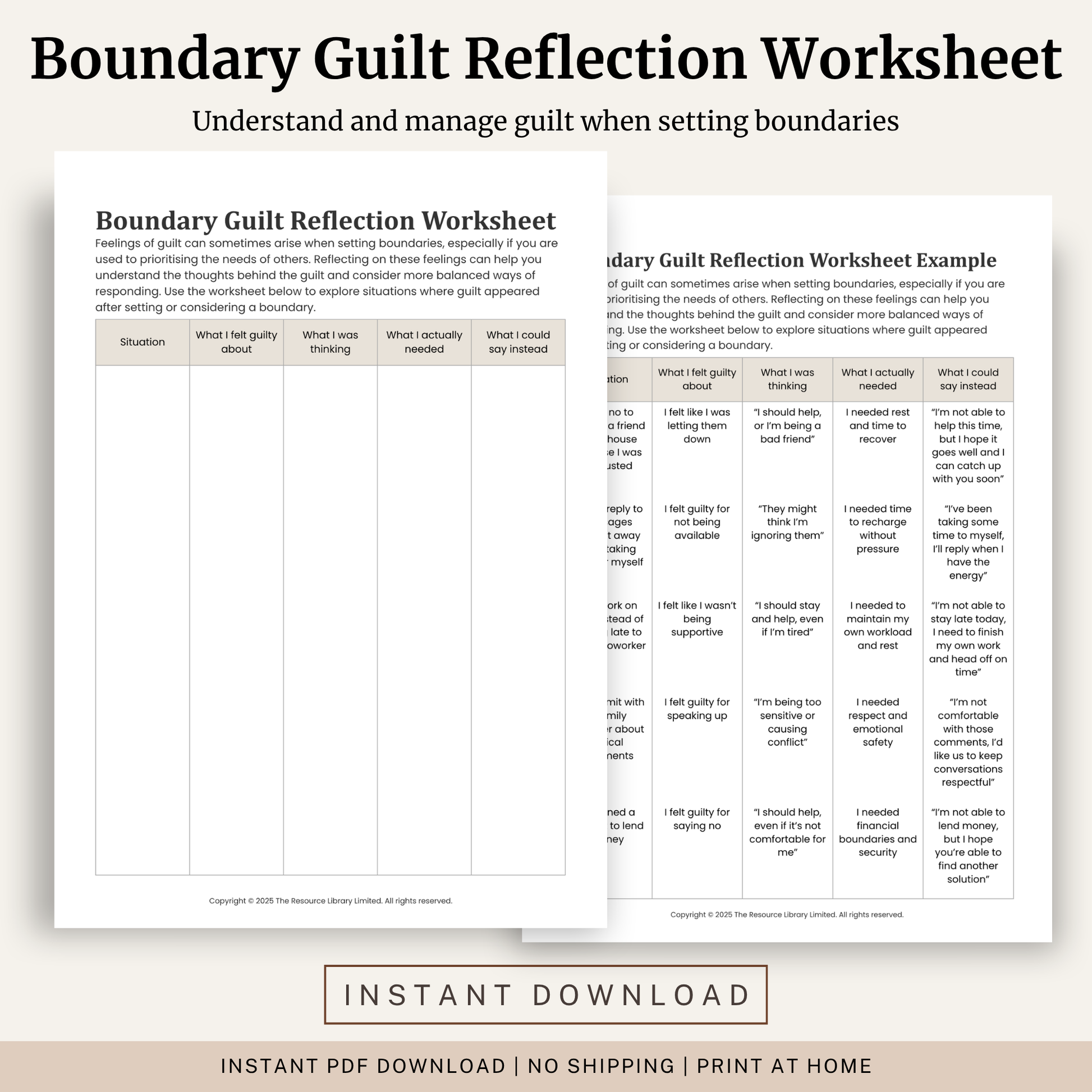 Printable Boundary Guilt Reflection Worksheet featuring healthy boundaries, guilt reflection, CBT self reflection, balanced responses and a completed example.