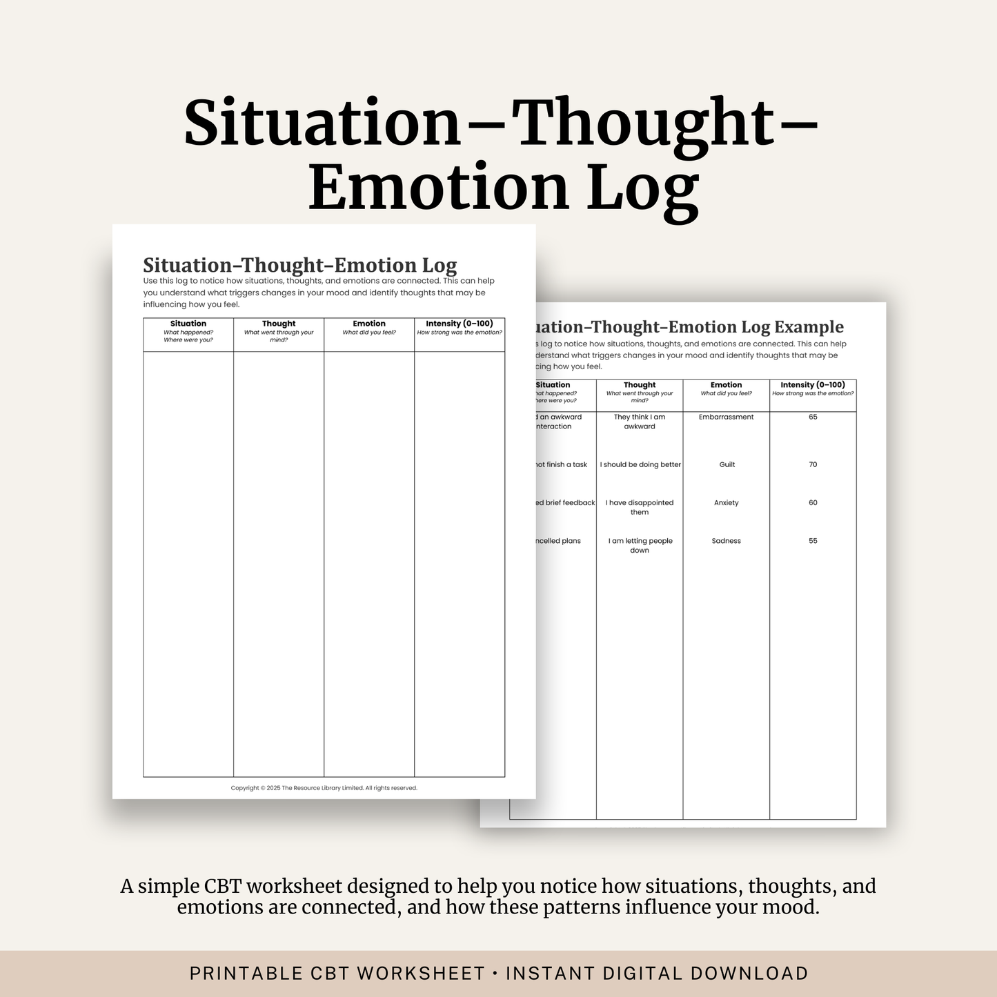 Printable Situation Thought Emotion Log featuring CBT thought monitoring, automatic thoughts, emotion tracking, emotional intensity ratings and a completed example.