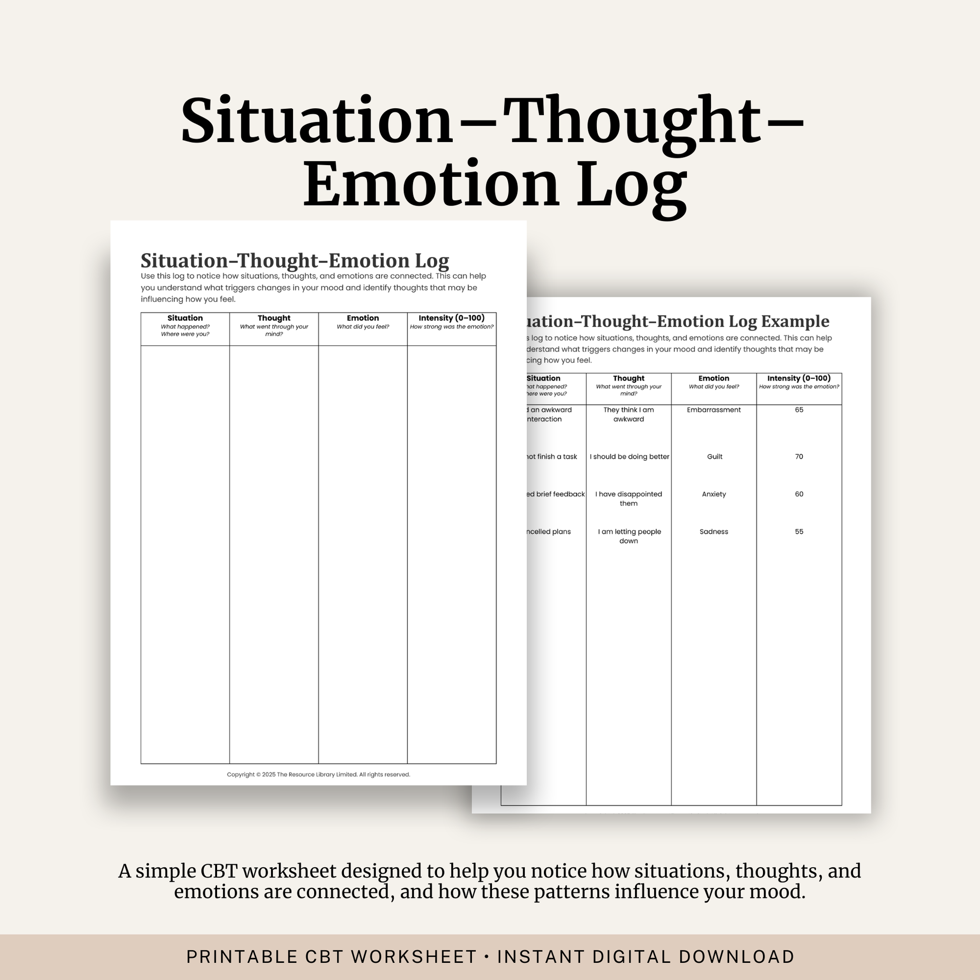 Printable Situation Thought Emotion Log featuring CBT thought monitoring, automatic thoughts, emotion tracking, emotional intensity ratings and a completed example.