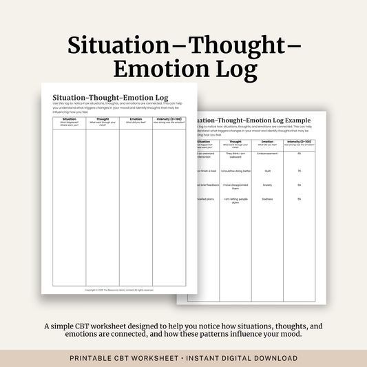 Printable Situation Thought Emotion Log featuring CBT thought monitoring, automatic thoughts, emotion tracking, emotional intensity ratings and a completed example.