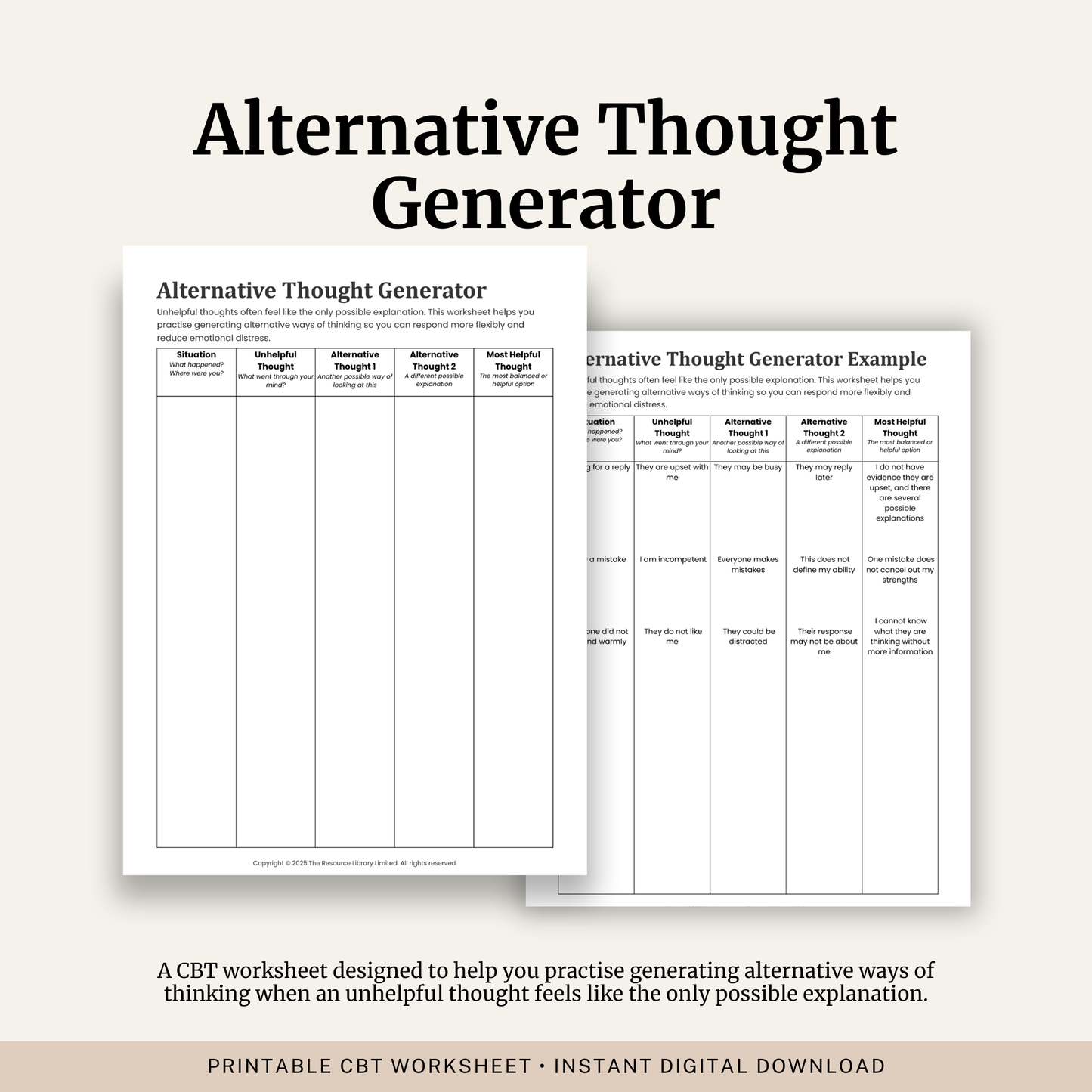 Printable Alternative Thought Generator Worksheet featuring CBT cognitive restructuring, alternative thinking exercises, balanced thought generation and a completed example.