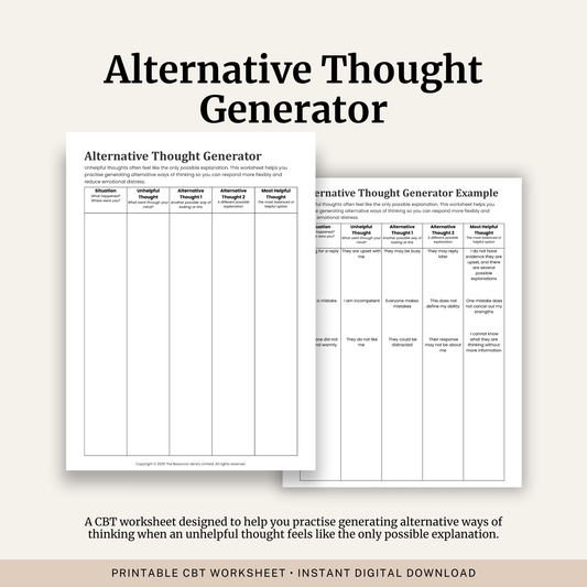 Printable Alternative Thought Generator Worksheet featuring CBT cognitive restructuring, alternative thinking exercises, balanced thought generation and a completed example.