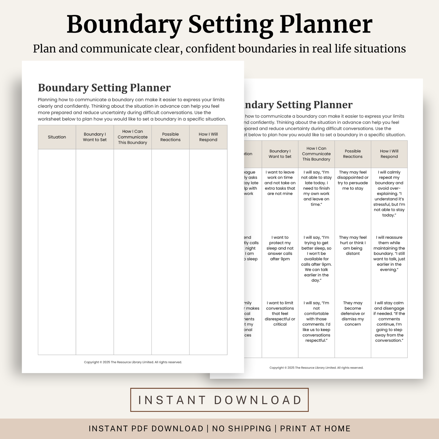 Printable Boundary Setting Planner featuring assertive communication, planning boundary conversations, anticipating reactions, maintaining boundaries and a completed example.