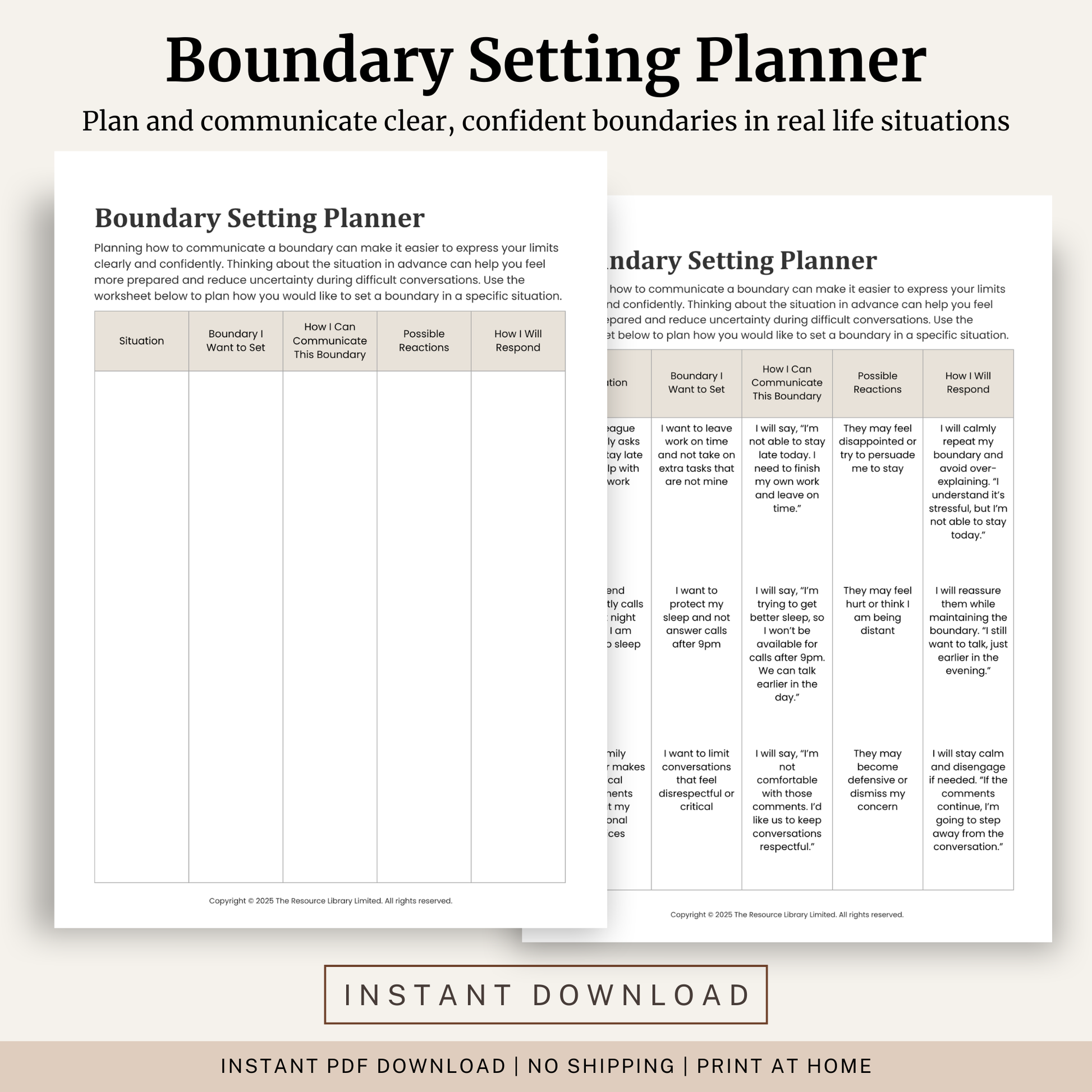 Printable Boundary Setting Planner featuring assertive communication, planning boundary conversations, anticipating reactions, maintaining boundaries and a completed example.