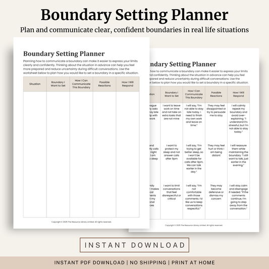 Printable Boundary Setting Planner featuring assertive communication, planning boundary conversations, anticipating reactions, maintaining boundaries and a completed example.