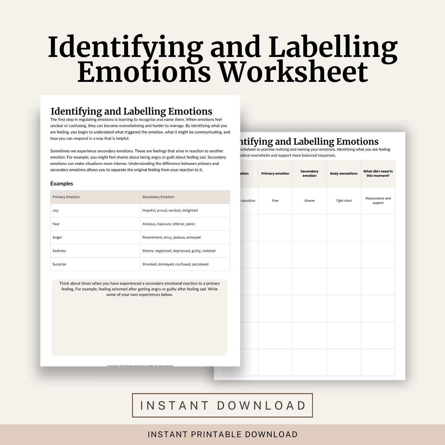Printable Identifying and Labelling Emotions Worksheet featuring primary and secondary emotions, emotional awareness, body sensations, emotional needs and emotional regulation exercises.