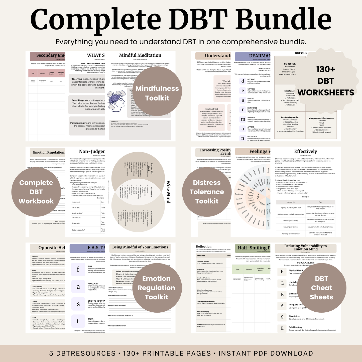 Complete DBT Bundle with printable DBT workbooks, worksheets, mindfulness, distress tolerance and emotion regulation resources