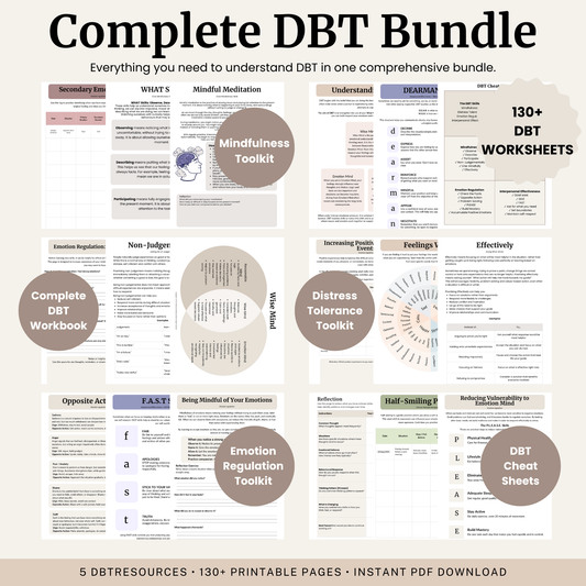 Complete DBT Bundle with printable DBT workbooks, worksheets, mindfulness, distress tolerance and emotion regulation resources