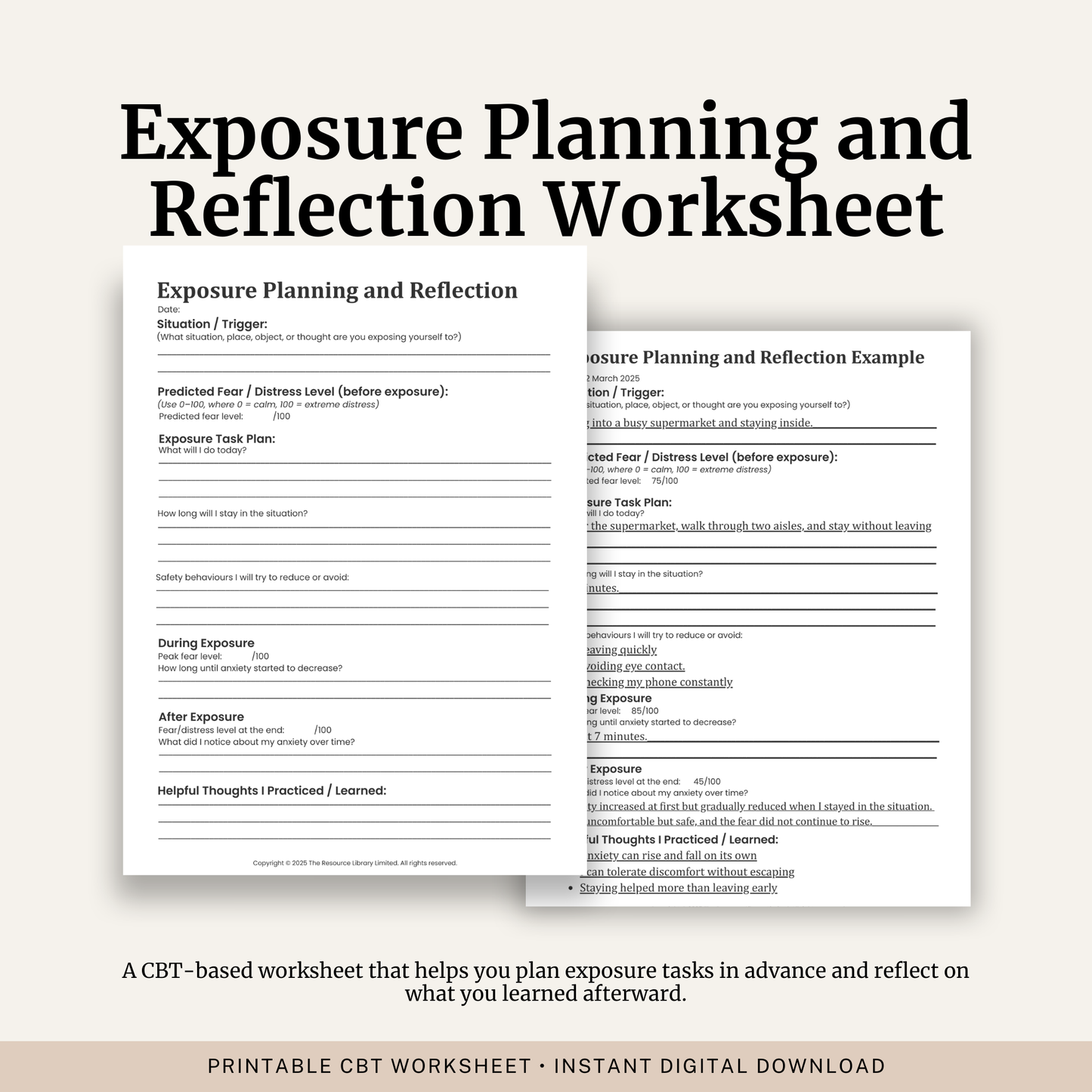 Printable Exposure Planning and Reflection Worksheet featuring exposure therapy planning, SUDS anxiety ratings, safety behaviours, exposure reflection, helpful learning and a completed example.