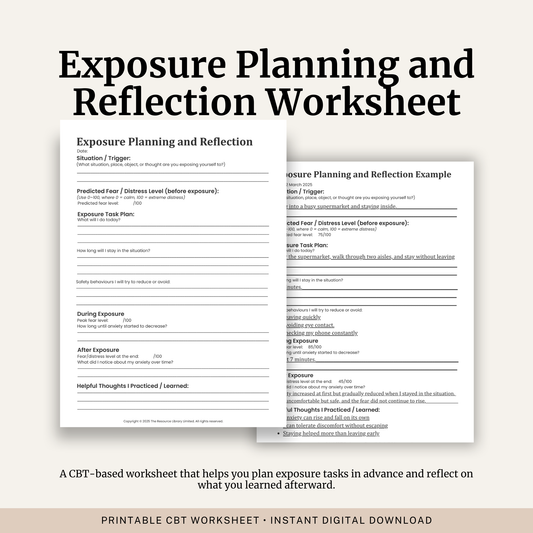 Printable Exposure Planning and Reflection Worksheet featuring exposure therapy planning, SUDS anxiety ratings, safety behaviours, exposure reflection, helpful learning and a completed example.