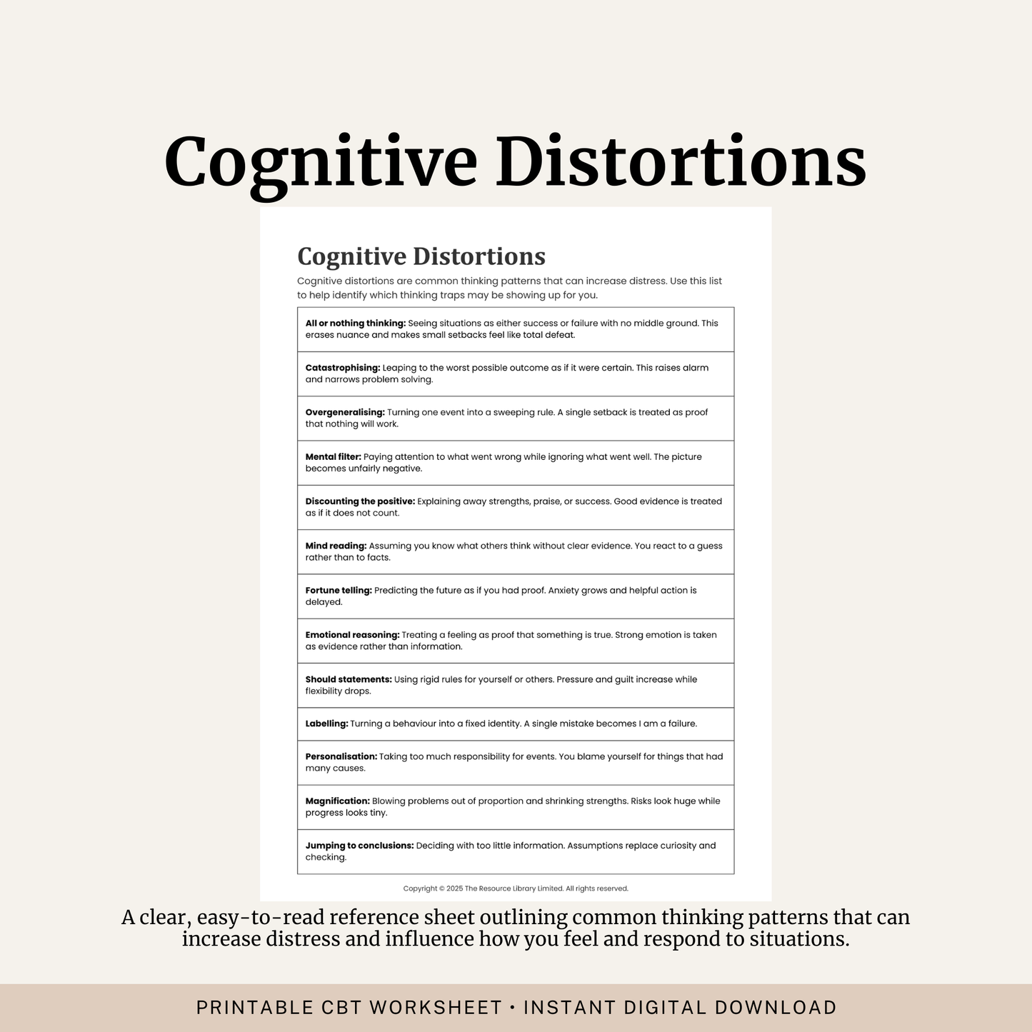 Printable Cognitive Distortions Information Sheet featuring 13 common CBT thinking traps including catastrophising, all or nothing thinking, mind reading, emotional reasoning and overgeneralising.