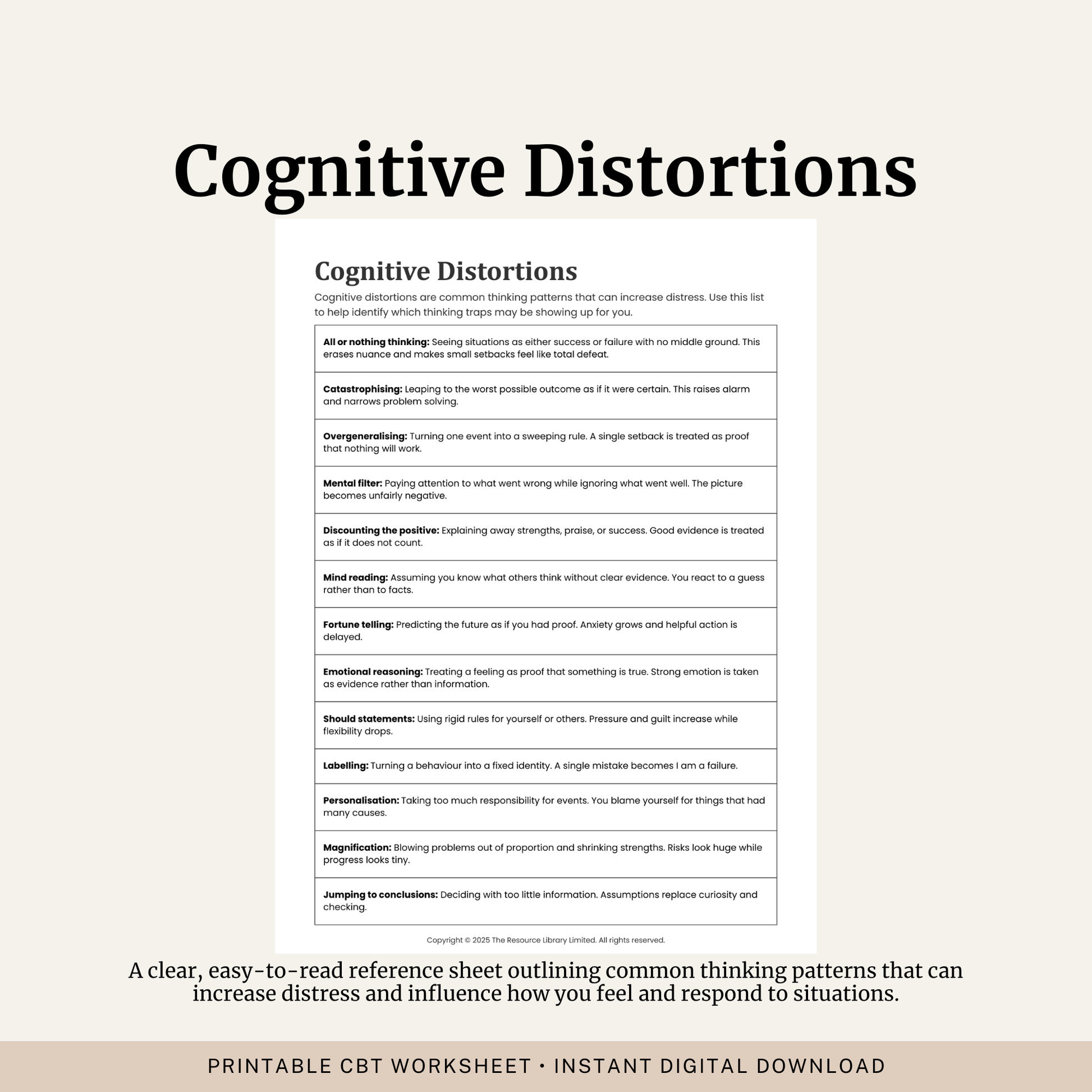 Printable Cognitive Distortions Information Sheet featuring 13 common CBT thinking traps including catastrophising, all or nothing thinking, mind reading, emotional reasoning and overgeneralising.