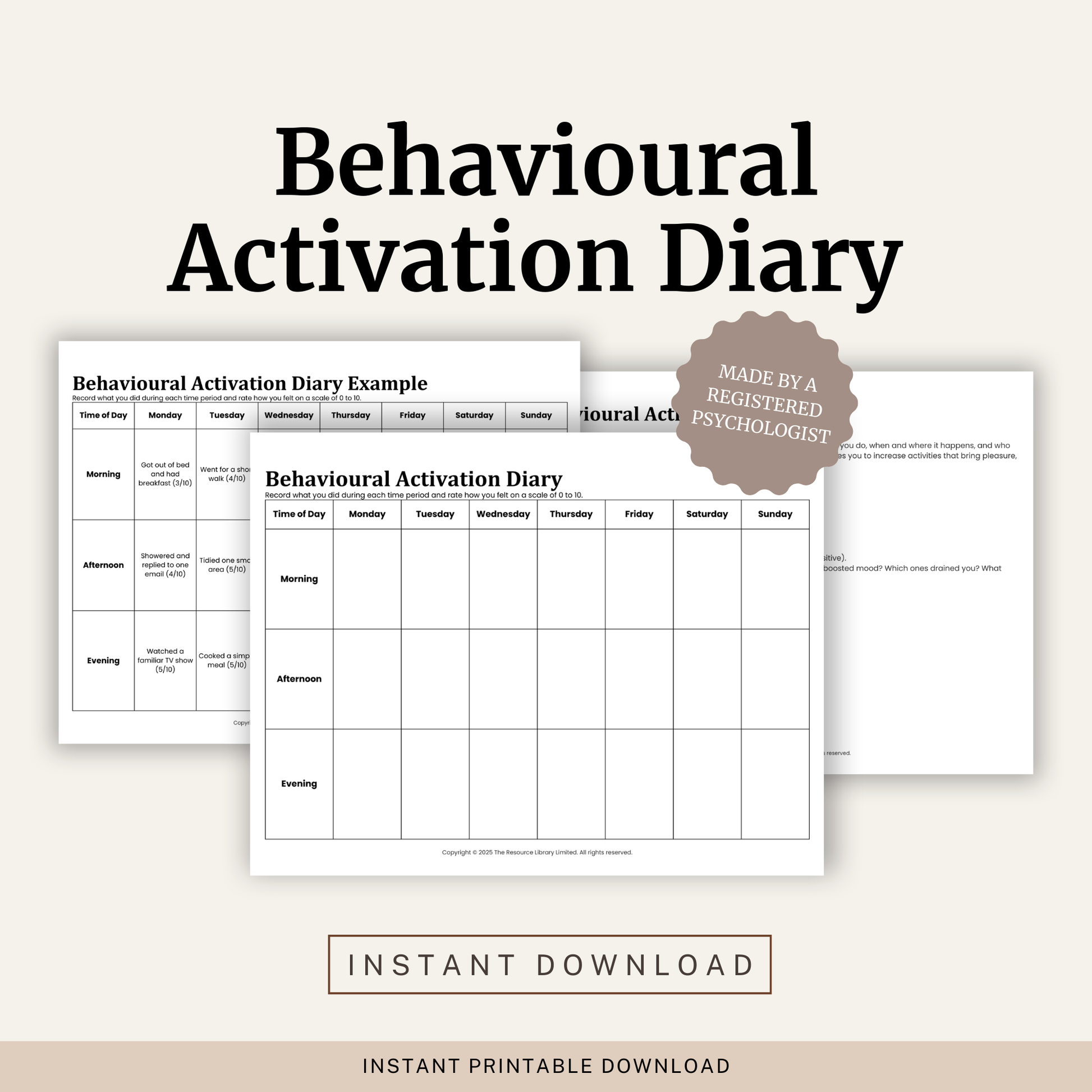 Printable Behavioural Activation Diary featuring a weekly mood and activity tracker, behavioural activation diary instructions and a completed weekly example.