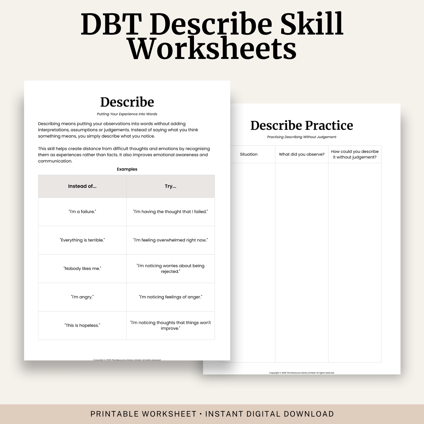 DBT Describe Skill Worksheet