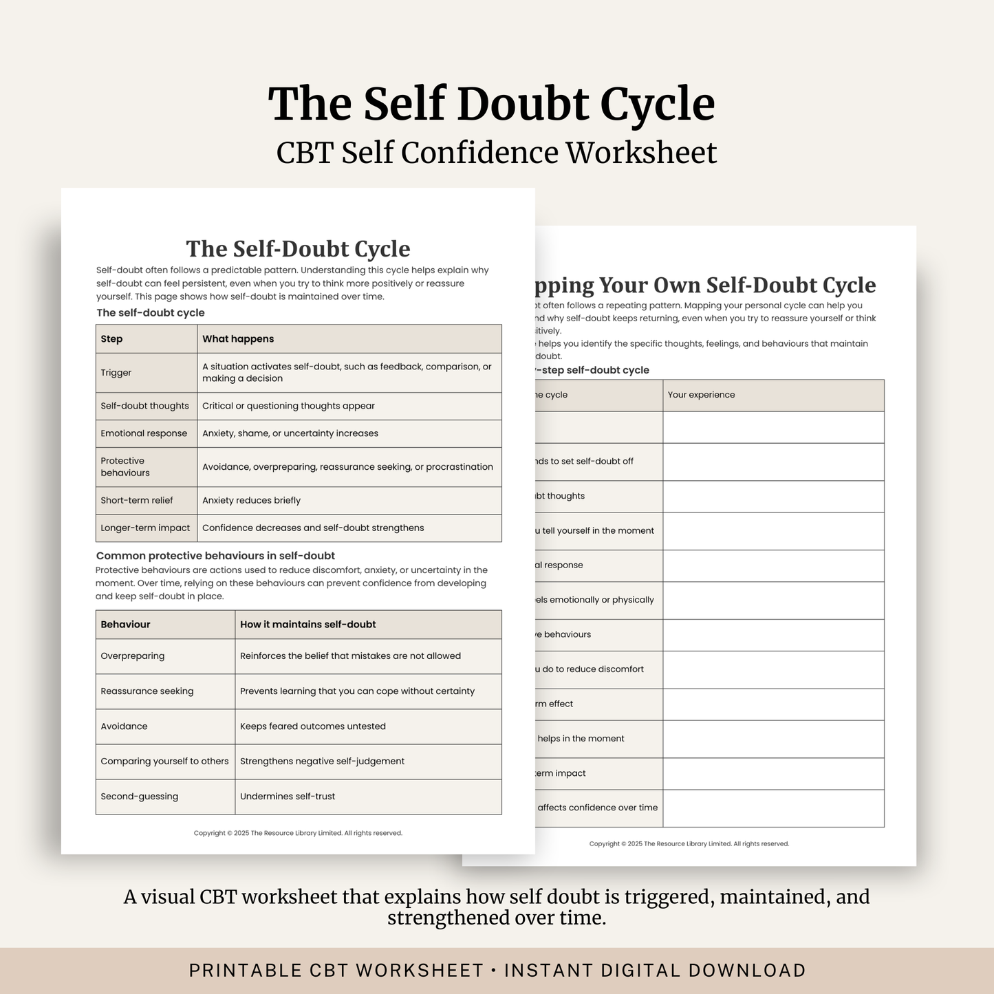 Printable The Self-Doubt Cycle Worksheets featuring the self doubt cycle, protective behaviours, confidence building, guided self reflection and mapping your own self doubt cycle.