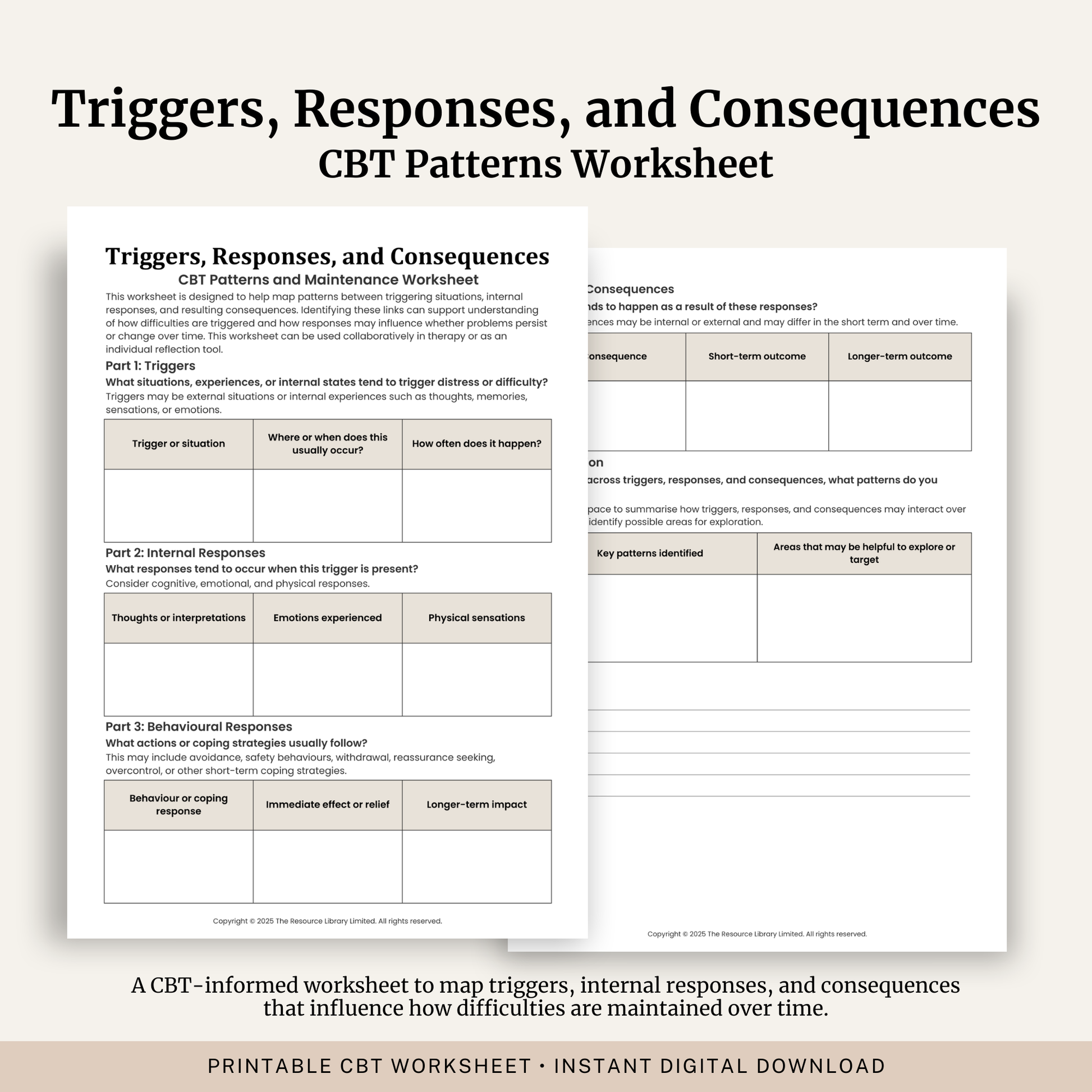 Printable Triggers, Responses, and Consequences CBT Worksheet featuring trigger identification, cognitive, emotional and behavioural responses, consequences, CBT formulation and guided reflection.