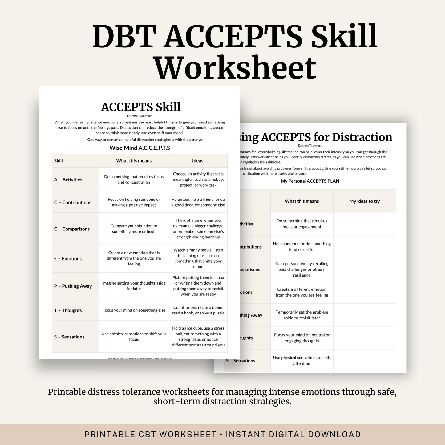 Printable DBT ACCEPTS Skill Worksheet featuring Wise Mind ACCEPTS, distress tolerance strategies and a personalised ACCEPTS plan.