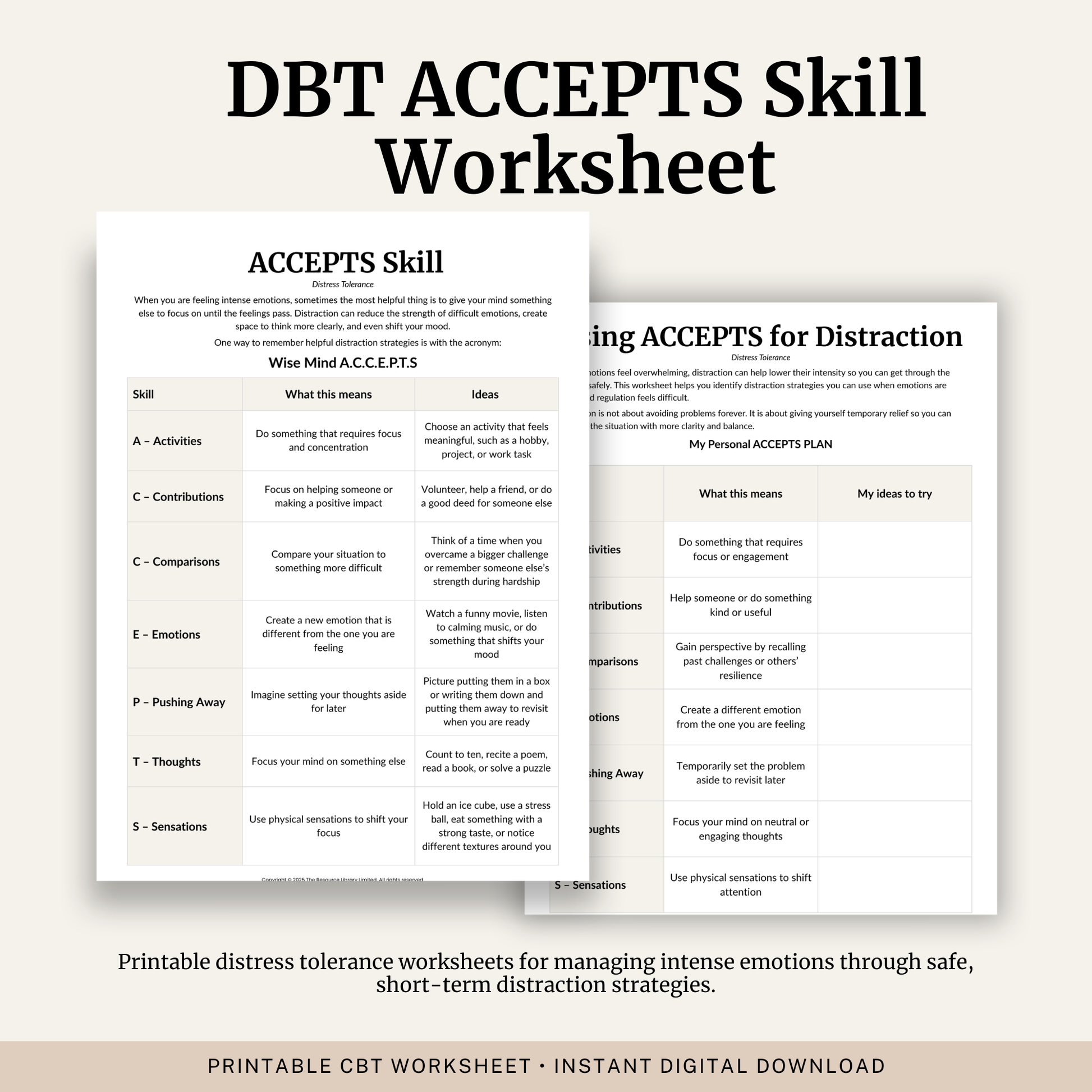Printable DBT ACCEPTS Skill Worksheet featuring Wise Mind ACCEPTS, distress tolerance strategies and a personalised ACCEPTS plan.