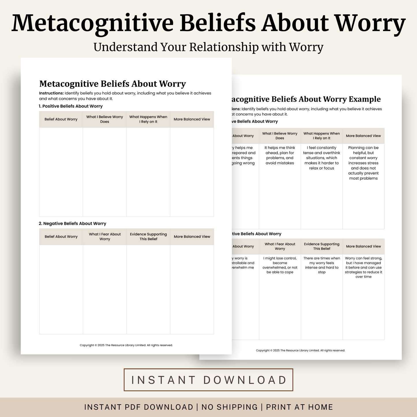 Printable Metacognitive Beliefs About Worry Worksheet featuring positive and negative beliefs about worry, CBT cognitive restructuring, balanced thinking and a completed example.