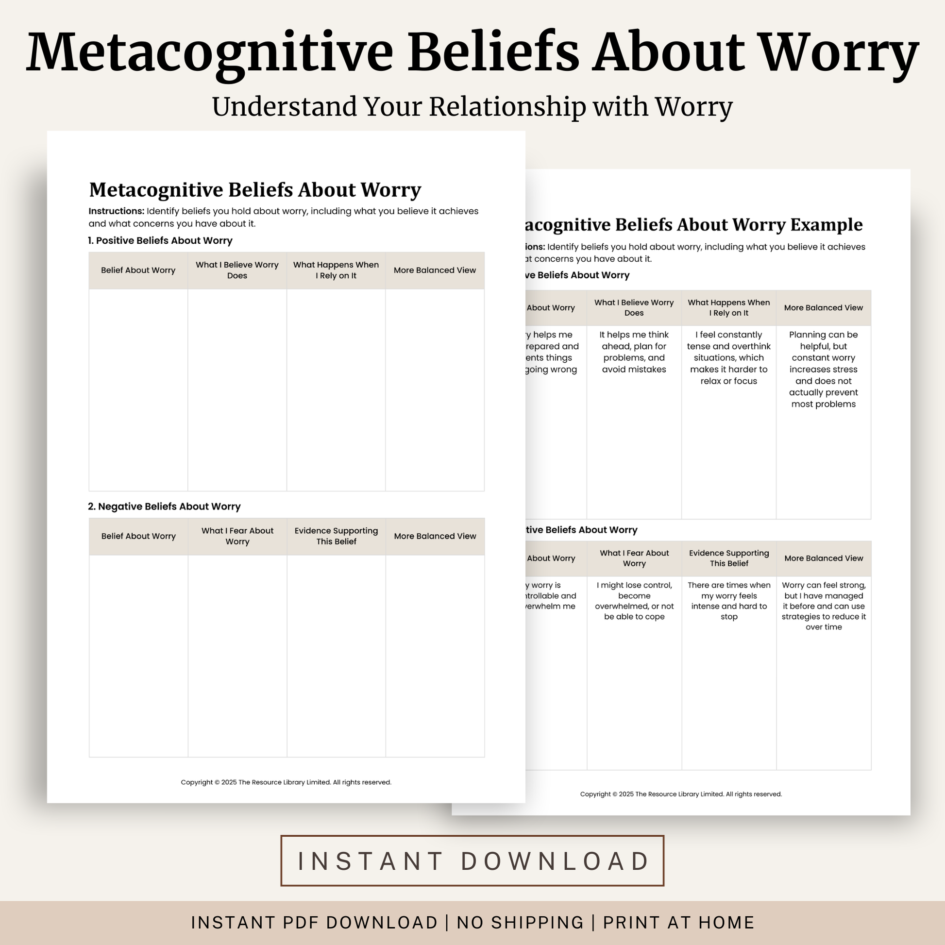 Printable Metacognitive Beliefs About Worry Worksheet featuring positive and negative beliefs about worry, CBT cognitive restructuring, balanced thinking and a completed example.