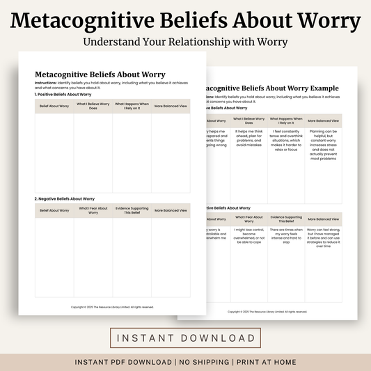 Printable Metacognitive Beliefs About Worry Worksheet featuring positive and negative beliefs about worry, CBT cognitive restructuring, balanced thinking and a completed example.