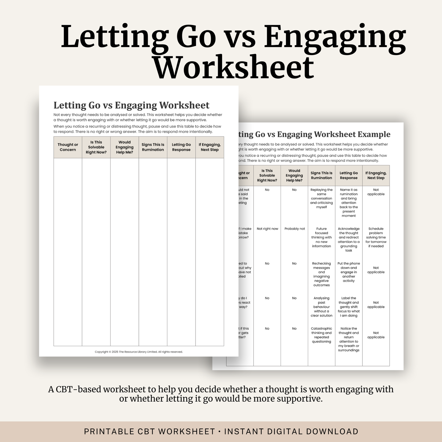 Printable Letting Go vs Engaging Worksheet featuring rumination identification, overthinking, thought evaluation, CBT decision making and a completed example.