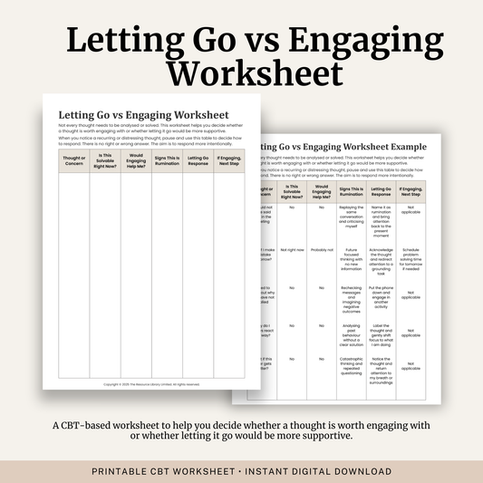 Printable Letting Go vs Engaging Worksheet featuring rumination identification, overthinking, thought evaluation, CBT decision making and a completed example.