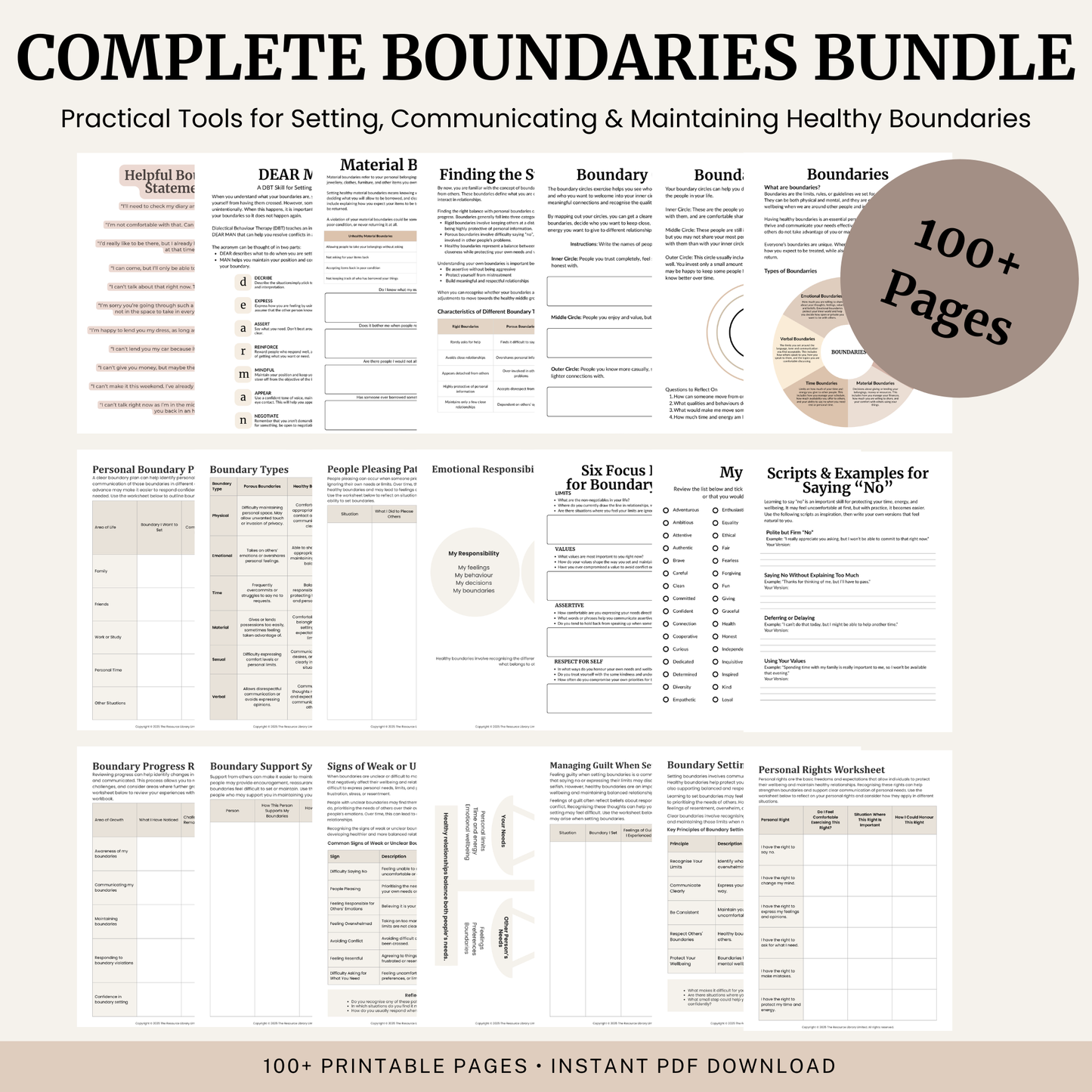 A promotional collage for a digital printable bundle titled 'Complete Boundaries Bundle,' showing multiple worksheet and template pages arranged on a light beige background with a large brown circle reading '100+ Pages.' The text at the top says it is practical tools for setting, communicating, and maintaining healthy boundaries, and the bottom text says '100+ printable pages - instant PDF download.
