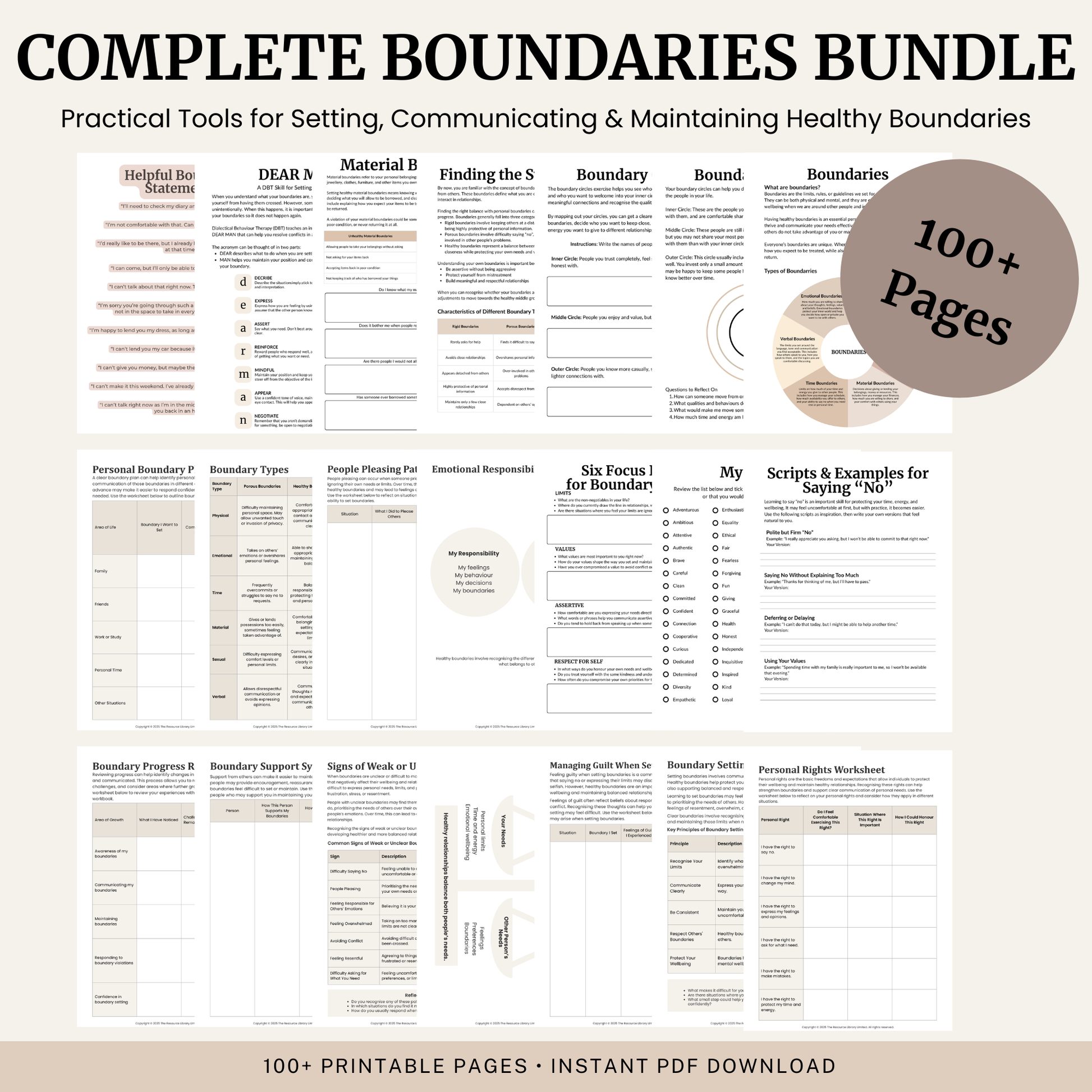 A promotional collage for a digital printable bundle titled 'Complete Boundaries Bundle,' showing multiple worksheet and template pages arranged on a light beige background with a large brown circle reading '100+ Pages.' The text at the top says it is practical tools for setting, communicating, and maintaining healthy boundaries, and the bottom text says '100+ printable pages - instant PDF download.