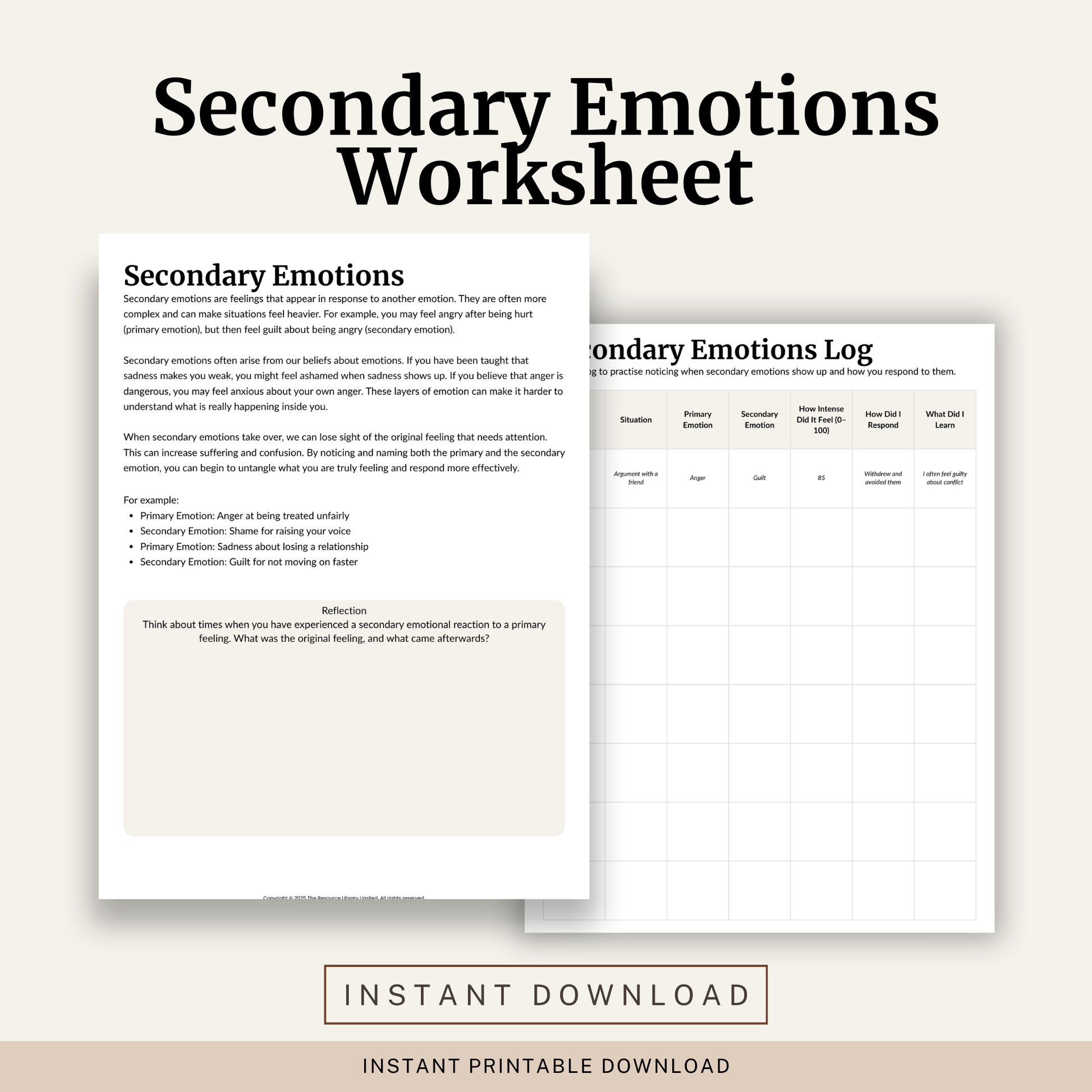 Printable Secondary Emotions Worksheets featuring primary and secondary emotions, emotional awareness, emotion regulation, reflection exercises and a secondary emotions log.