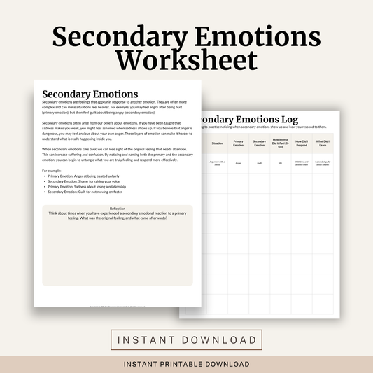 Printable Secondary Emotions Worksheets featuring primary and secondary emotions, emotional awareness, emotion regulation, reflection exercises and a secondary emotions log.