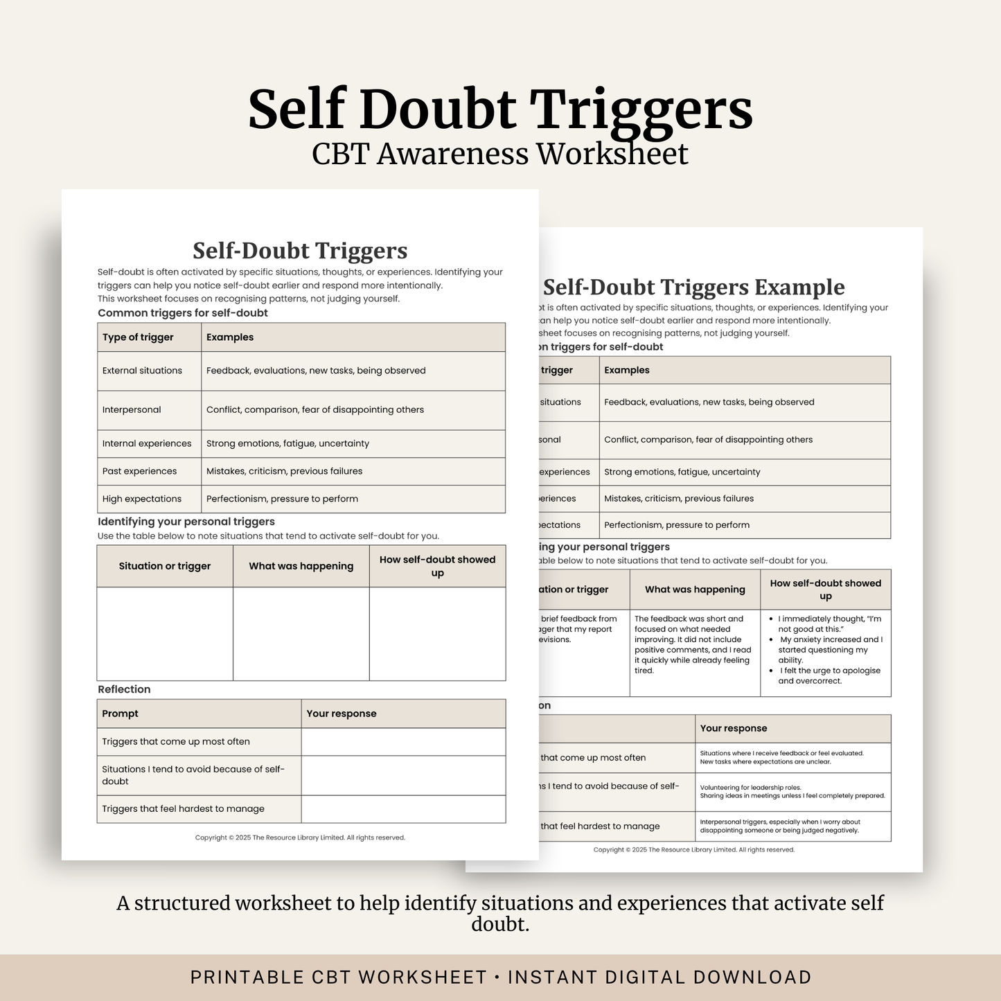 Printable Self-Doubt Triggers Worksheet featuring self doubt triggers, confidence building, self reflection, avoidance patterns and a completed example.