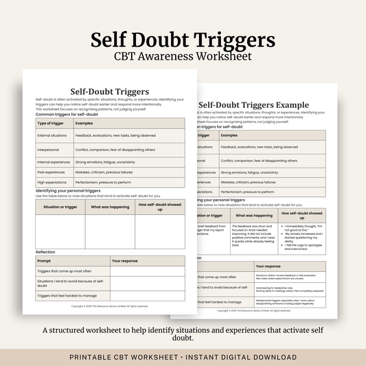 Printable Self-Doubt Triggers Worksheet featuring self doubt triggers, confidence building, self reflection, avoidance patterns and a completed example.