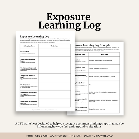 Printable Exposure Learning Log featuring exposure therapy reflection, anxiety ratings, feared versus actual outcomes, coping strategies, learning points and a completed example.