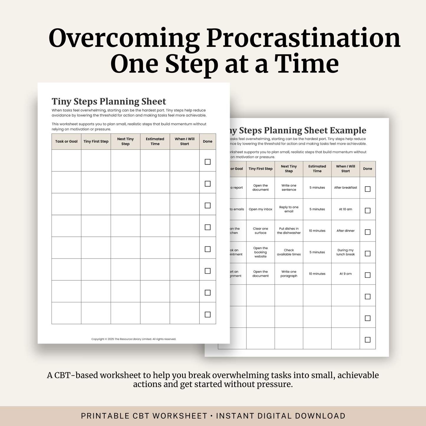 Printable Tiny Steps Planning Sheet featuring behavioural activation, task planning, overcoming avoidance, breaking goals into small steps and a completed example.