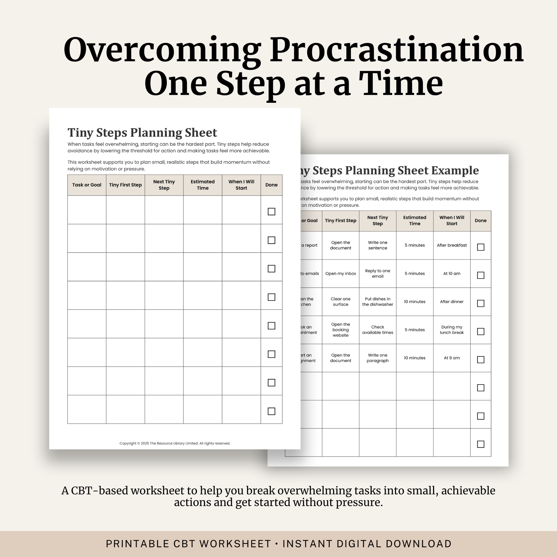 Printable Tiny Steps Planning Sheet featuring behavioural activation, task planning, overcoming avoidance, breaking goals into small steps and a completed example.