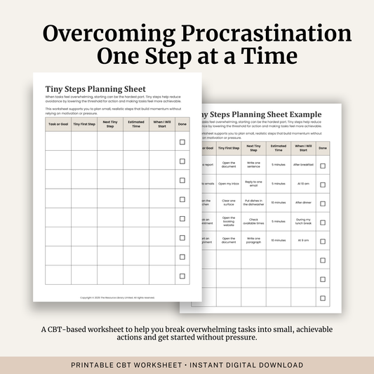 Printable Tiny Steps Planning Sheet featuring behavioural activation, task planning, overcoming avoidance, breaking goals into small steps and a completed example.