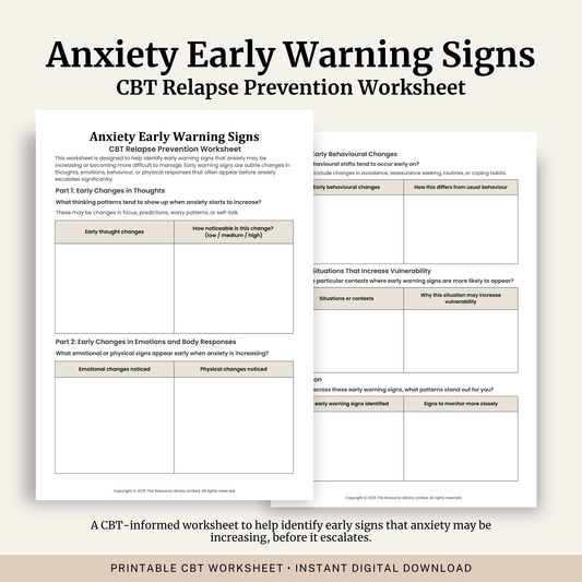 Printable Anxiety Early Warning Signs Worksheet featuring CBT relapse prevention, early thought changes, emotional and physical warning signs, behavioural changes, vulnerability factors and reflection exercises.