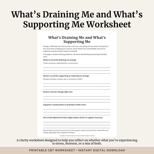 Printable What's Draining Me and What's Supporting Me Worksheet featuring burnout recovery, energy drains, supportive activities, self reflection and wellbeing.