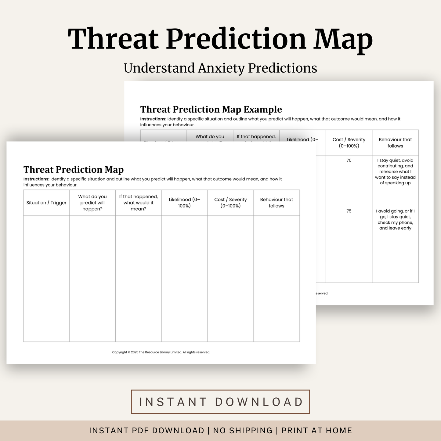 Printable Threat Prediction Map Worksheet featuring CBT anxiety formulation, threat predictions, feared outcomes, likelihood and severity ratings, behaviour patterns and a completed example.