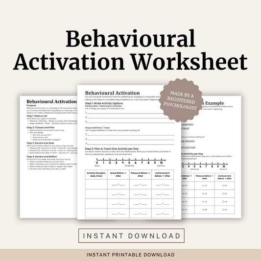 Printable Behavioural Activation Worksheet featuring CBT activity scheduling, mood tracking, pleasure and achievement ratings and a completed example.