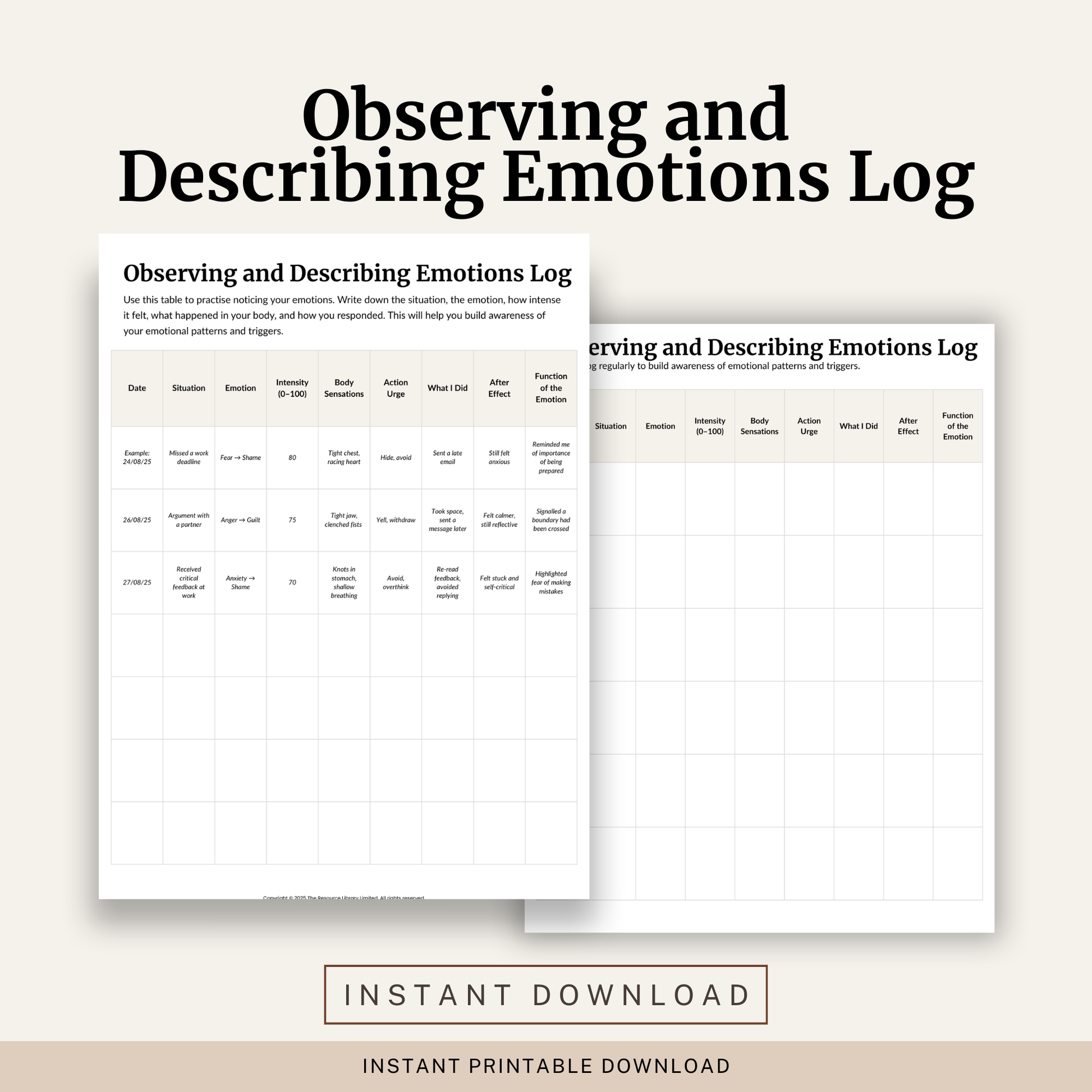 Printable Observing and Describing Emotions Log featuring DBT emotion tracking, emotional awareness, body sensations, action urges, emotion regulation and emotional patterns.