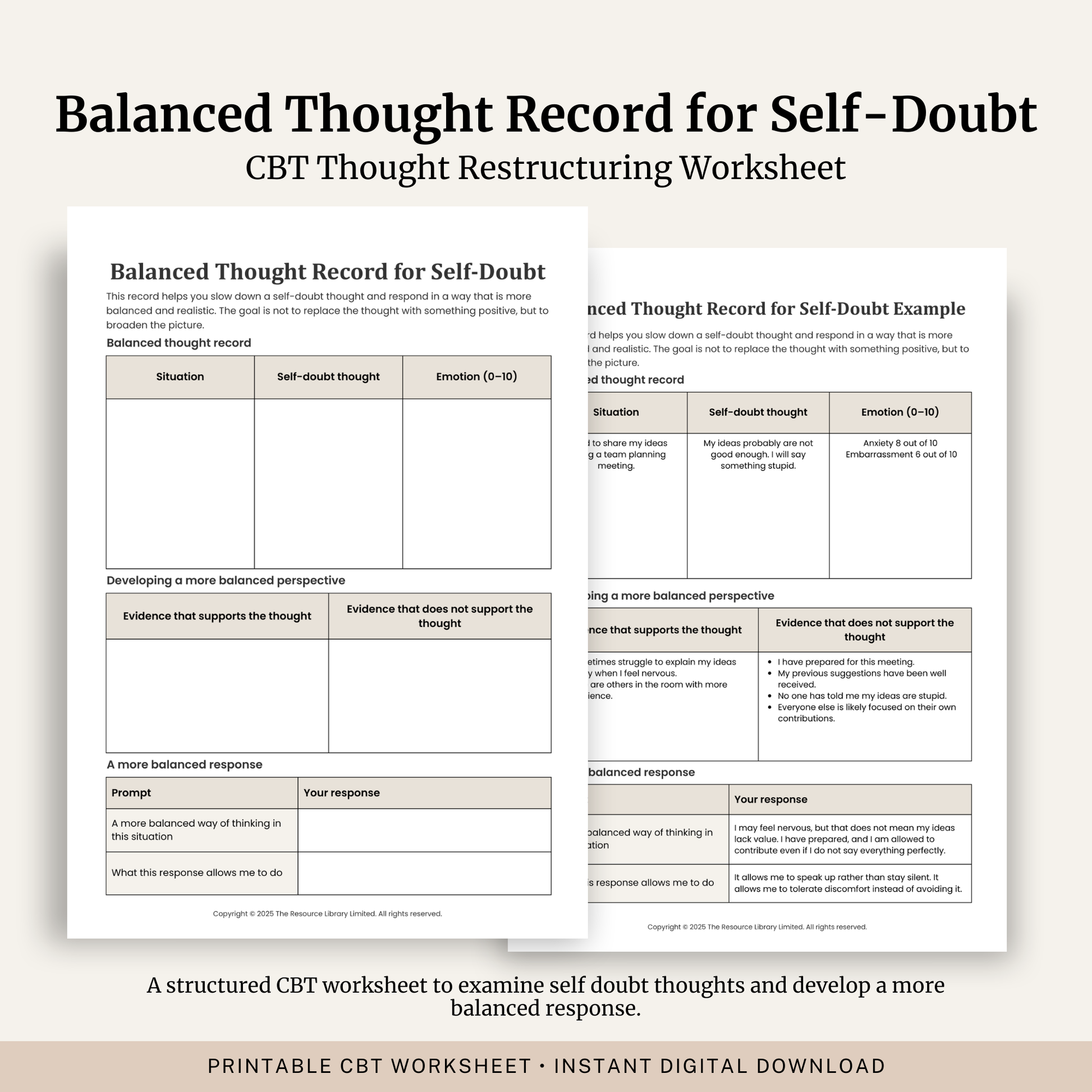 Printable Balanced Thought Record for Self-Doubt worksheet featuring CBT cognitive restructuring, evidence for and against self-doubt thoughts, balanced thinking and a completed example.